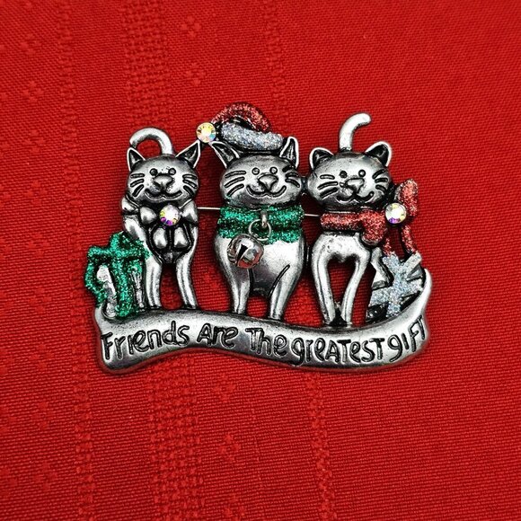 Jewelry - Christmas Vintage Cat Friends Holiday Enamel Silver tone Pin Brooch